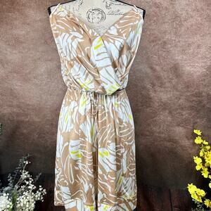 Socapri Palm Leaf 100% Silk Dress Tan/White/Yellow 10